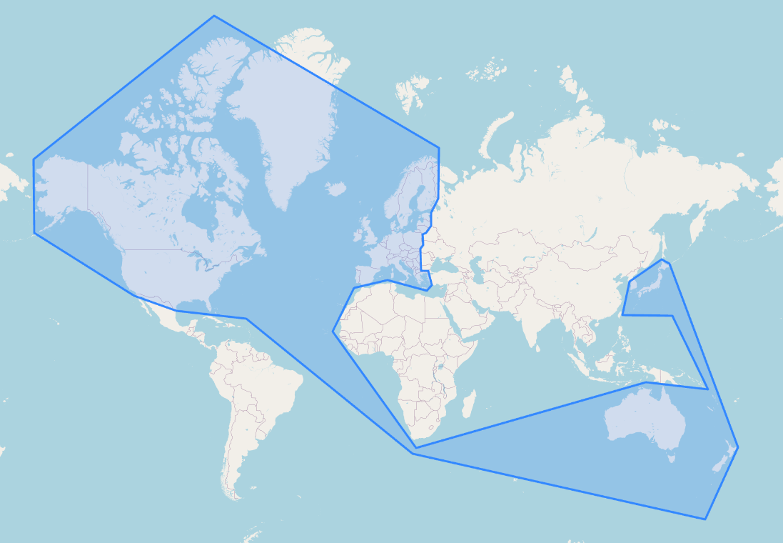 Shows a blue polygon which contains North America, Western Europe, Japan, South Korea, Australia and New Zealand.