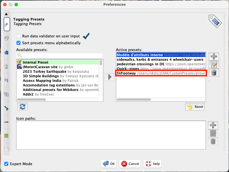 Screen capture showing how to add presets in JOSM's preferences.