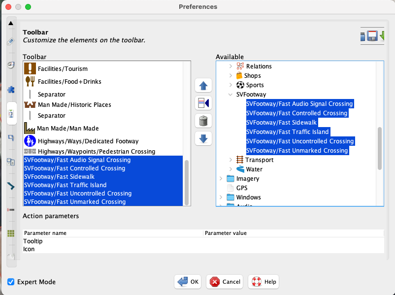Screen capture showing how to add presets to your toolbar in JOSM