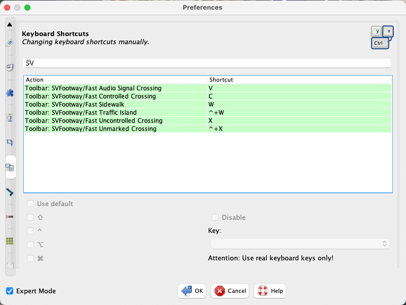 Screen capture of how to add keyboard shortcuts for toolbar presets in JOSM.