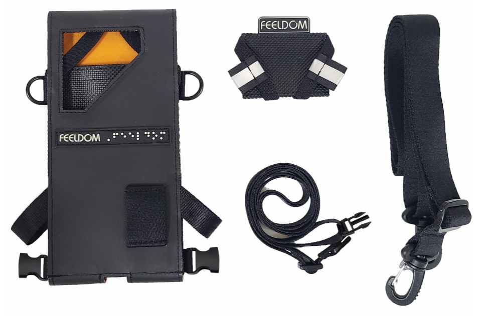 Front view of the bag and its accessories. You can see the bag, the adjustable phone holder at the bottom, the thick neck strap, and the thin chest strap with adjustable side buckles.