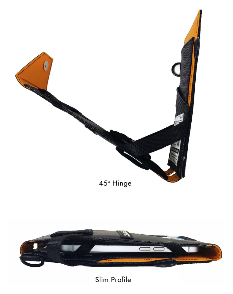 The bag is shown open; the front section is held at a slightly more than 45° angle by two straps attached to the back of the bag. The bag closes with a flap secured by a magnet, creating a slim and discreet design.